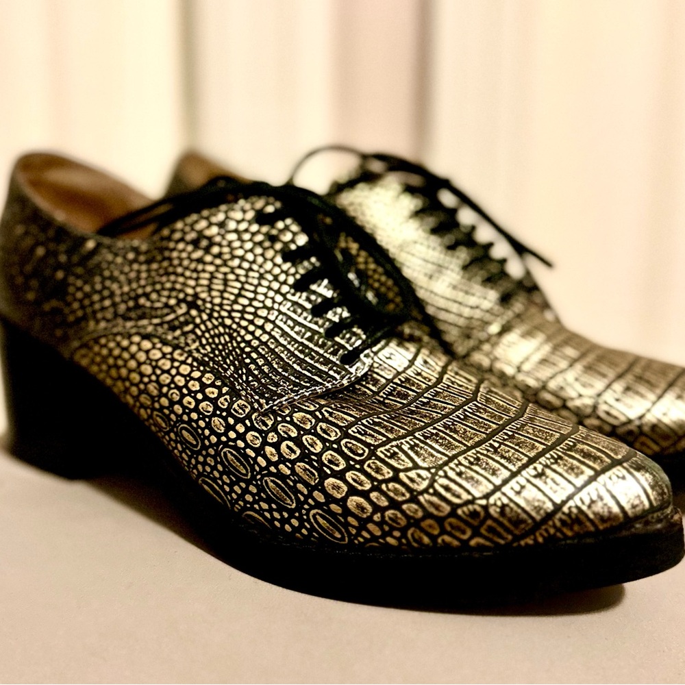 Jeffrey Campbell
Faux Croc pattern, gold and black loafers